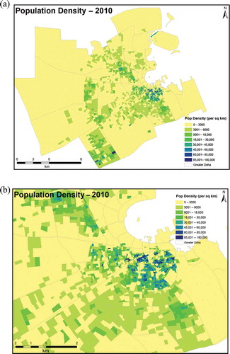 Figure 5. Population density of Greater Doha (per square kilometre) in 2010 (a) and a zoomed area around the City of Doha (b).