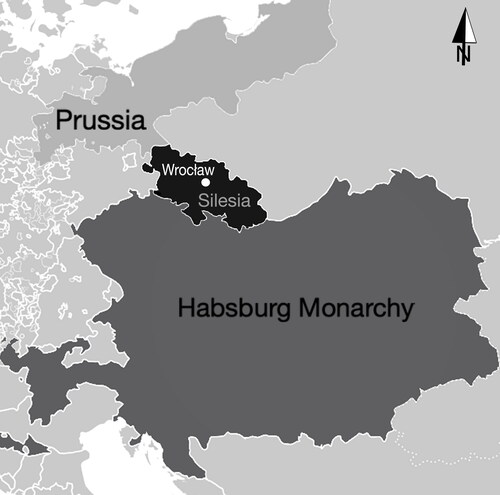 FIG. 1 Wrocław and the Silesian region in the context of the political situation in Central Europe in the eighteenth century (by M. Legit-Pintal).