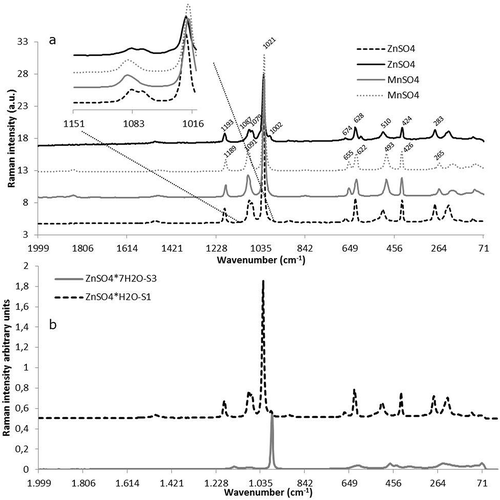 Figure 2. Raman spectra of feed additives: (a) effect of the trace element based on measurements of two ZnSO4·H2O and two MnSO4·H2O feed additives with the shift of the main peaks marked; and (b) effect of hydration based on measurements of ZnSO4·H2O and ZnSO4·7H2O, showing the shift of the main peak due to the amount of water of hydration.