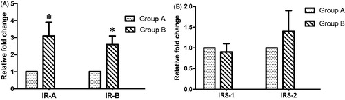 Figure 1. (A) Relative fold change of IR A and IR B in prostate tissues of BPH patients (Group A: Prostate size <30 Ml, Group B: Prostate size >30 ml). Data were expressed in Mean ± SEM. *p = .007 for IR A, p = .01 for IR B. (B) Relative fold change of IRS-1 and IRS-2 in prostate tissues of BPH patients (Group A: Prostate size <30 Ml, Group B: Prostate size >30 ml). Data were expressed in Mean ± SEM. p value – .12 for IRS-1, p value – .25 for IRS-2.