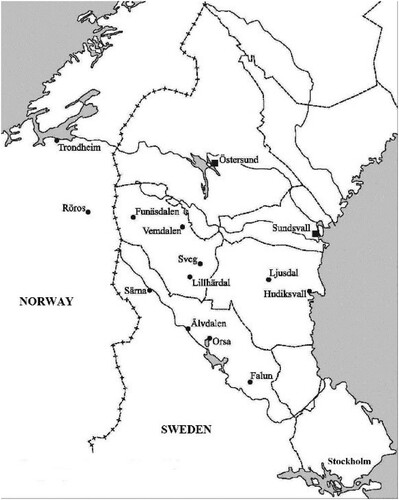 Figure 1. Map of the region Södra Norrland and Dalarna which shows villages and towns mentioned in the farm households’ incoming and outgoing debts in probate inventories. The map is drawn by Marianne von Essen, Jamtli.