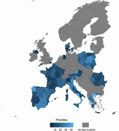 Figure 2. Number of priorities selected by NUTS 2 regions