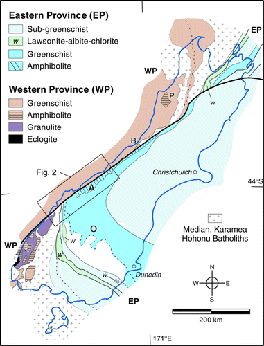 Figure 1  Map of South Island, New Zealand showing major geological units and metamorphic belts. In part after Landis & Coombs (Citation1967), Mortimer (Citation2000) and White (Citation1994). Amphibolite facies rocks from the area of Fig. 2 (box) are not shown at this scale. P, Paparoa Range; B, Bonar Range; F, Fiordland; A, Alpine Schist; O, Otago Schist.