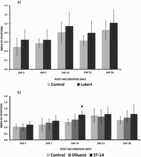 Figure 3. Apoptotic cell rate with haematoxylin and eosin staining considering the different post-vaccination days for the Lukert strain (A) and ST-14 strain (B) Ten birds per group. The vertical lines indicate standard deviation. *Significant difference from control value (P < 0.05).