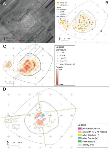 Figure 9. Sakule results: A) satellite image (source: Google and Maxar Technologies) with location of trenches with 14C dated material (squares = 1 × 1 m trenches), B) vector illustration of LBA features, C) heatmap of pottery count, and D) geophysics interpretation (gray activity areas from satellite imagery, beige lines show extent of geophysics data).
