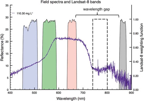 Figure 6. Average spectral profile (purple line) collected in a subglacial plume at Templefjorden. Filled curves represent the Landsat-8 spectral range and weighting function for the blue, green, red, and NIR bands (from left to right), while the dashed line represents the optimal range for SSC detection (740–800 nm), and the bracket indicating the wavelength gap between the red and NIR bands.