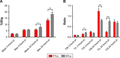 Figure 1 Accumulation of FTL and NTL in tumors.Notes: (A) PET tumor activity of 64Cu-FTLs and 64Cu-NTLs 3 hours pi and 24 hours pi in tumors. Asterisks indicate statistically different means between mean and maximum activity of 64Cu-FTLs and 64Cu-NTLs (*P=0.025, **P=0.011, unpaired Student’s t-test). (B) Tumor (T) to blood (B), liver (L), and spleen (S) activity ratios of 64Cu-FTLs and 64Cu-NTLs 3 hours pi. and 24 hours pi. (*P=0.0052, **P=0.005, ***P=0.001, unpaired Student’s t-test, bars represent mean %ID/g±SEM).Abbreviations: NTL, nontargeting liposomes; FTL, folate-targeting liposomes; SEM, standard error of mean; pi., postinjection.