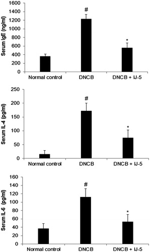 Figure 4. The effect of IJ-5 on serum levels of IgE, IL-4, and IL-6 in DNCB-challenged mice. The blood samples were collected at 48 h after fifth DNCB challenge and serum levels of IgE, IL-4, and IL-6 were assayed by ELISA. Data are presented as means ± SD (n = 6). #p < 0.05 versus the normal control group; *p < 0.05 versus the DNCB group.