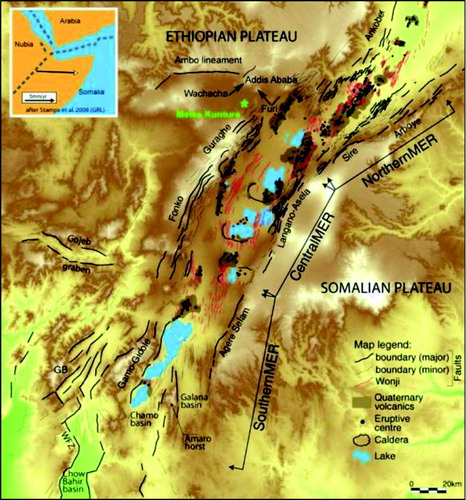 Figure 1. Tectonic sketch map of the Main Ethiopian Rift (MER). Inset map shows the relative motion between Nubia and Somalia plates (modified from CitationStamps, Calais, Saria, Hartnady, Nocquet, Ebinger, & Fernandes 2008. A kinematic model for the East African Rift. Geophysical Research Letters, 35, L05304, DOI: 10.1029/2007GL032781. Copyright 2008 American Geophysical Union. Used with permission.)