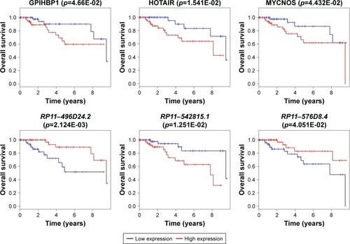 Figure 6 Survival curve analysis of ceRNA network for the overall survival in triple negative breast cancers.