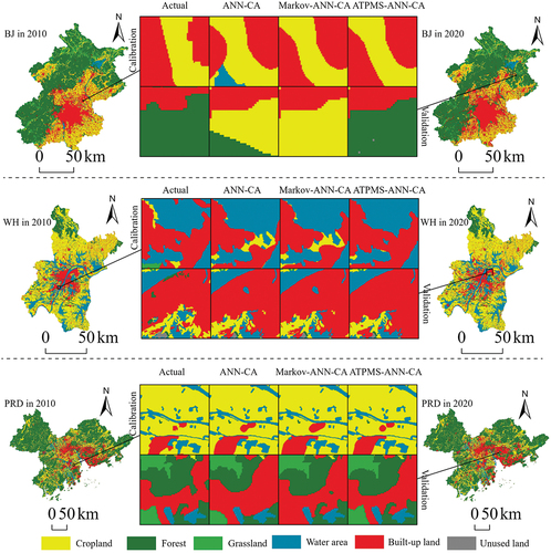Figure 6. Comparative results of landscape details of current land use status in Beijing, Wuhan and the Pearl River Delta using artificial neural networks-cellular automata, Markov-artificial neural networks-cellular automata and adaptive transfer probability matrix-artificial neural networks-cellular automata models with quality seeds during the period of calibration (2000 to 2010) and validation (2010 to 2020).