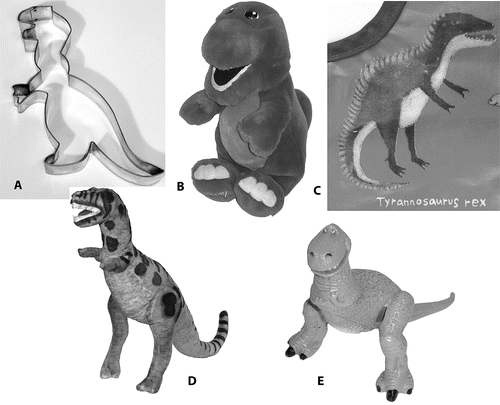 FIGURE 9: Representative contemporary toys and other merchandise featuring reconstructions of T. rex in the older, tail-dragging posture. (A) Common cookie cutter, ca. 1995. (B) Plush Barney puppet by Dakin, 1992. (C) Plastic baby bib by Crocodile Creek, ca. 2005. (D) Plush Tyrannosaurus rex by Melissa and Doug, ca. 2005. (E) Toy Story's Rex figurine by Hasbro, ca. 1995. All items in the collection of the Paleontological Research Institution.