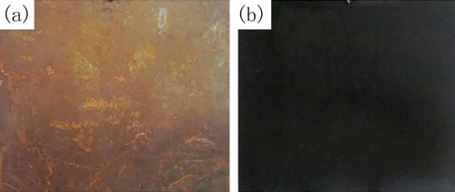 Figure 2. Optical images of the rusty steel sample before (a) and after (b) the treatment with the rust converter. The brown rust in the sample plate is converted into a shiny black protective iron chelate film after the treatment with RC-GAO.