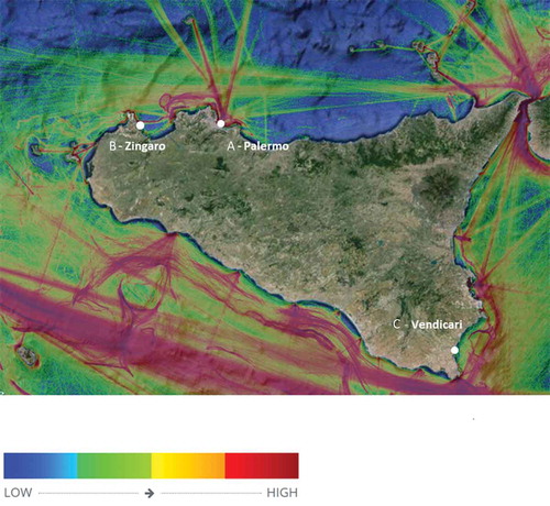 Figure 1. Global shipping density map of Sicily, Italy as recorded by Maritime Traffic (https://www.marinetraffic.com/). Traffic density is colour coded, moving from low to high traffic (from blue to red). The sampling sites are identified in the map. Imagery©2015 TerraMetrics; Map data ©2015 Google.