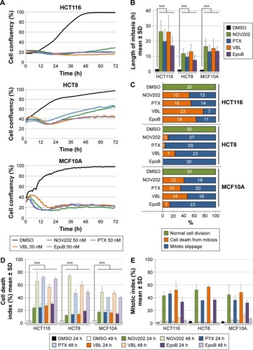 Figure 1 Analysis of NOV202 and reference compound effects on viability and mitotic fate of human HCT116, HCT8 and MCF10A cells in vitro.