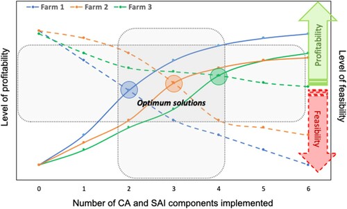 Figure 4. A theoretical representation of increasing profitability and decreasing feasibility with implementation of an increasing number of CA and other SAI components for different farms (colours blue, orange, green). Profitability is expressed in terms of agroecosystem outputs (continuous lines) and feasibility in terms of implementation by farmers (dashed lines). The overlap in shaded areas indicates the optimum profitability within feasible reach of the smallholder farmer.