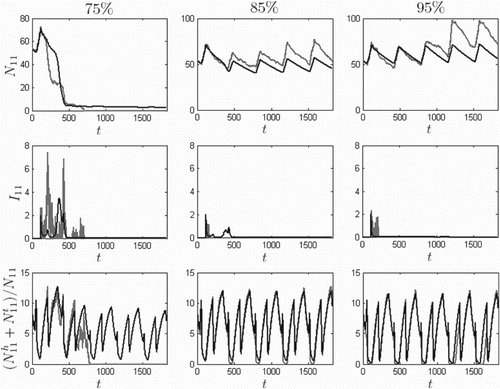 Figure 10. Five-year numerical solutions for prairie dog and flea populations in North Boundary (i=11) for control (insecticide) -induced death rates resulting in 75%, 85%, and 95% death at the end of the application compared to levels immediately prior to application, based on the ODE model (dark) and one realization of the SDE model (light). Time t is in days, initial conditions are given by Equation (Equation13Ii(0)=0,Yih(0)=0,Yit(0)=0,i=1,…,11,Ni(0)=5Ai,Nih(0)=0.675Ni(0),Nit(0)=0.0005Ni(0),i=1,…,11,), and I11(120)=2. Insecticide is ineffective at 75%, controls the population at 85%, and prevents plague-driven decline in the prairie dog population at 95%.