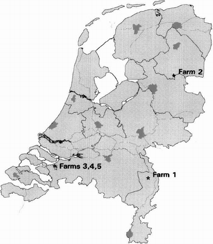 Figure 1. Location of five poultry flocks within the Netherlands with antibodies against AI virus found during the cross-sectional serological survey for the presence of LPAI in 2003.