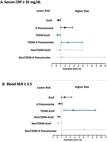 Figure 3 Association of circulatory inflammatory markers, including CRPs and NLR, in the two ESBL-positive UTI groups in accordance with T2DM status. (A) Risk of CRP ≥ 35 mg/dL in all ESBL-UTI cases, T2DM, and non-T2DM. Representative data showing that T2DM patients with serum CRP ≥ 35 mg/dL were at higher risk for ESBL-E. coli UTIs than for ESBL-K. pneumoniae UTIs. (B) Risk of NLP ≥ 35 mg/dL in all ESBL-UTI cases, T2DM, and non-T2DM. Representative data showing that T2DM patients with blood NLR ≥ 3.5 were at higher risk for ESBL-E. coli UTIs than for ESBL-K. pneumoniae UTIs. Adjusted for age, gender, serum albumin, hemoglobulin, leukocytes, and platelet counts.