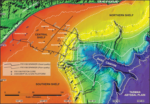Figure 2 High-resolution swath-mapped seafloor bathymetry image of the offshore Gippsland Basin and Bass Canyon. Locality of R/V Franklin cruise FR11/98 shallow (sparker) seismic survey, piston-core sites, and major Esso/BHP oil and gas production platforms. Bathymetry data provided by Geoscience Australia (Exon et al. Citation1999; Harris et al. Citation2000). The study area extends southeast from Ninety Mile Beach to Bass Canyon. Most good-quality shallow seismic lines are figured.