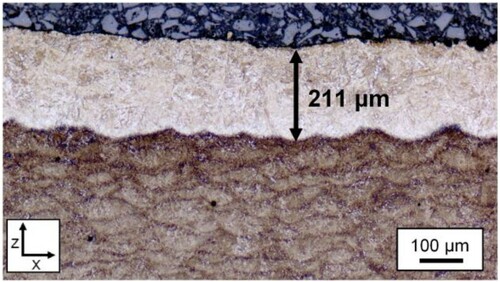 Figure 1. OM image of the unetched top layer found in an AISI 4140LC specimen produced at 160 J mm−3 using a 140 W laser power. Measurement of the melt pool depth was conducted by measuring the depth of this unetched top layer using ImageJ software. An example measurement of the melt depth (as well as the corresponding value) is included in the figure using a black line and text.