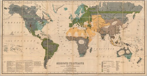 Fig. 3. Reinhold Grundemann, Missions-Weltkarte zur ubersicht sammtlicher evangelischen Missions Gebiete (Leipzig: H. Kunsch, Citation1862) 196 x 102 cm. Courtesy of Barry Lawrence Ruderman Antique Maps Inc., https://www.raremaps.com/gallery/detail/56712/with-annotations-in-papua-new-guinea-missions-weltkarte-z-grundemann.