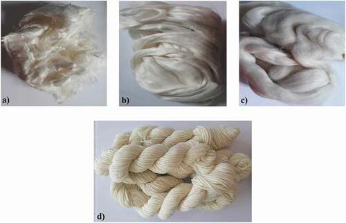 Figure 6. Original ready to dye a) bamboo, b) banana, and c) merino wool fibers. d) Original ready to dye merino wool yarns