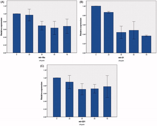 Figure 4. Real-time PCR results of miRNAs when treatment with pure chrysin. Real-time PCR results showed that relative expression of (A) miR-18a, (B) miR-21, and (C) miR-221 was decreased by pure chrysin.