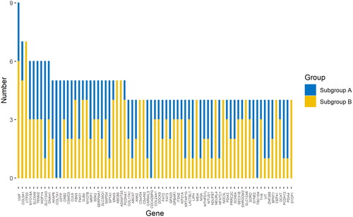 Figure 4. Histogram of gene frequencies after clustering into two subgroups. The two-colored columns represent the mutation numbers of a gene in both subgroups.