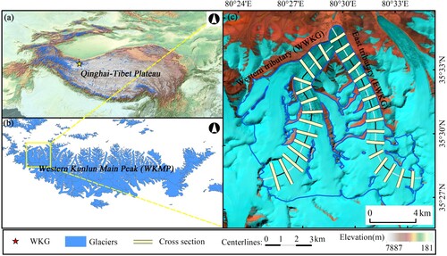 Figure 1. (a) Location of the WKG. Background: Shuttle Radar Topography Mission (SRTM DEM and its hillshade) and glacier outlines derived from the Randolph Glacier Inventory V6.0. (b) Glacier distribution on the WKMP (c) The background of the main image is a false colour composite of Landsat 9 Operational Land Imager (OLI) (Band 6, 5 and 3, LC09_L1TP_145035_20230915_20230915_02_T1). The curved scale bar up the WKG indicates the longitudinal profile used for surface velocity and elevation analysis.