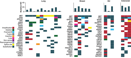 Figure 2. Mutational profile of MET patients.MET patients are categorized by cancer primary site. The heatmap demonstrates the genomic profile of each patient's tumor as well as the total number of mutations identified through NGS testing. The number of mutations per patient is shown in the bar chart at the top, with a heatmap of the genomic alterations identified underneath. The different types of genomic alterations identified in this cohort were classified as amplification, deletion, frameshift, fusion, insertion, loss, non-sense, rearrangement, splice site and substitution.NGS: Next-generation sequencing; GU: Genitourinary; NO: Number.