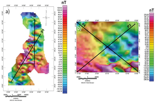 Figure 3. Aeromagnetic anomaly maps of: (a) Far North Cameroon with the two selected profiles (P1 and P2) superimposed on it; (b) part of the South region of Cameroun with the two selected profiles (P3 and P4) superimposed on it.