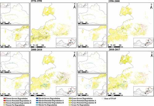 Spatial distribution of each category of vegetation quality types for all vegetation types in four periods during 1978 to 2017.