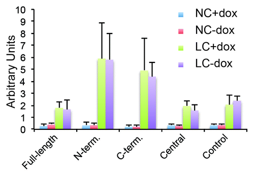 Figure 5. Exogenous expression of PLEKHA7 constructs does not affect paracellular permeability to large solutes. Histogram showing paracellular permeability to 3 kDa dextran of clonal MDCK lines expressing PLEKHA7 constructs, and control MDCK Tet-off cells, either at normal extracellular calcium concentration (NC, value at 2 h), or after extracellular calcium depletion (LC, value at 30 min after calcium depletion), either in the presence (+DOX, uninduced) or in the absence (-DOX, induced) of doxycycline.