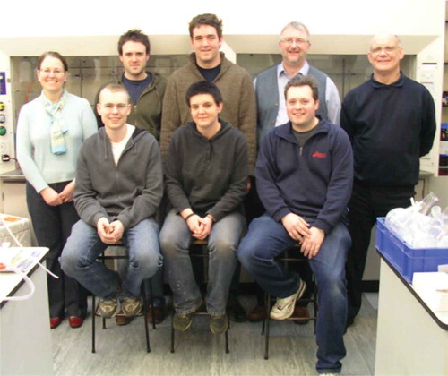 Figure 4. (colour online) Liquid Crystal Group at the University of York (January 2005). Back row from the left: Isabel Saez, Mark Godber, Andrew Wilson, John Goodby and Alan Hall; Front row from left: Paul Watson, Verena Görtz and Stephen Cowling.