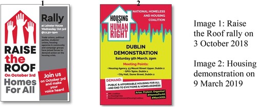 Figure 1. Housing protests leaflets. Image 1. Raise the roof rally on 3 October 2018. Image 2. Housing demonstration on 9 March 2019.