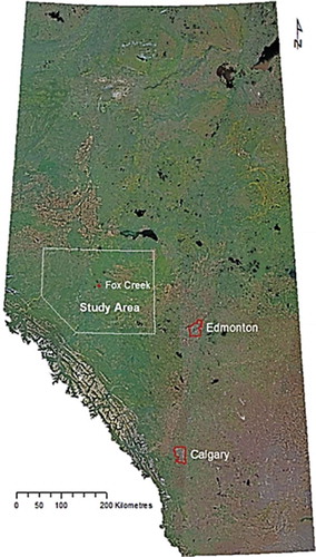 Figure 1. Location of the study area in West-Central Alberta. For full color versions of the figures in this paper, please see the online version.