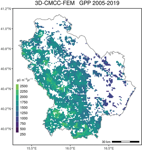 Figure 2. 3D-CMCC-FEM mean annual GPP values (gC m−2 yr−1) for the period 2005–2019 at 1 km spatial resolution. White areas indicate areas not simulated by the 3D-CMCC-FEM.