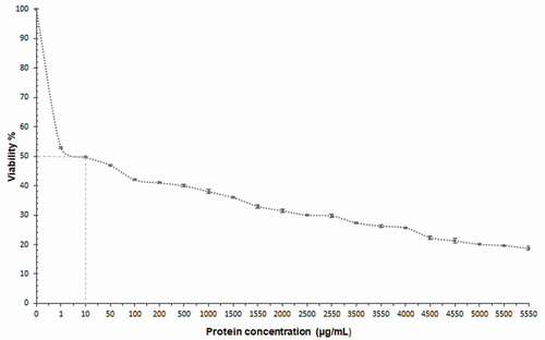 Figure 1. Cytotoxic effect of Amaranth protein extract on primary rat hepatocytes culture.Figura 1. Efecto citotóxico del extracto de proteína de amaranto en cultivo primario de hepatocitos de rata