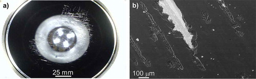 Figure 1. DLC/Si-DLC(0.5%O2)/CoCrMo after 5 million cycles in the simulator. (a) Optical top view image of concave spinal disk implant; (b) SEM view of a developing DLC delamination along the articulating direction. Details in [Citation13].