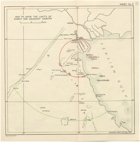 Figure 2. Map of the inner and outer zones of diminishing Kuwaiti Authority (Red Line and Green Line) defined by the 1913 Anglo-Ottoman Convention. Source: Map to Show the Limits of Kuwait and Adjacent Country [39r] (1/2). 2021, Qatar Digital Library. Accessed March 27, 2023. https://www.qdl.qa/en/archive/81055/vdc_100023550810.0x000050.