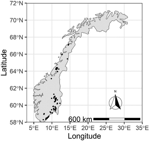 Figure 1. Distribution of Norway spruce sample plots across Norway.