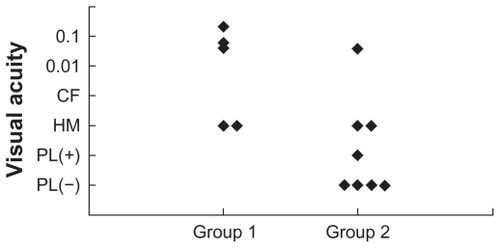 Figure 2 Distribution of the visual acuities at the initial visit in the two groups.