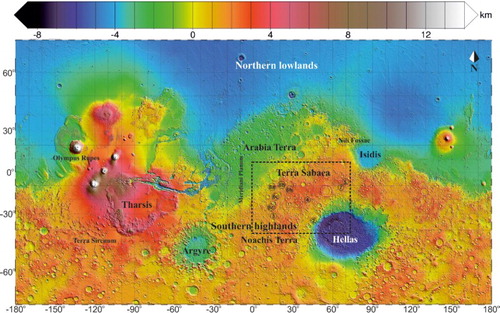 Figure 1. MOLA colourised elevation map. Study area (Noachis-Sabaea region) is shown in the dotted black rectangle. Also the locations are shown of Figures 2–8 (solid circle with corresponding number).