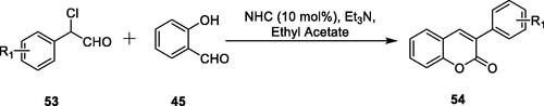 Scheme 8. N-heterocyclic carbene catalyses the reaction to obtain 3-arylcoumarin efficiently.