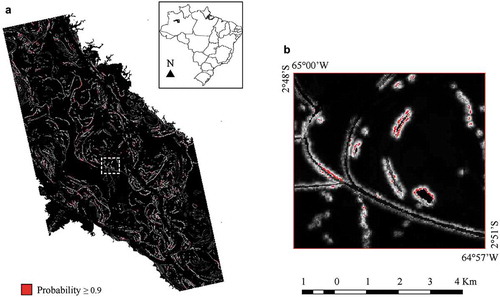 Figure 6. Threshold-dependent evaluation of the model performance. (a) Probability of the M. niger nest occurrence in the MSDR equal or greater than 0.9 (red areas) plotted over the predicted logistic distribution map (gray scale). (b) Detailed view of the water bodies where M. niger nests are built.