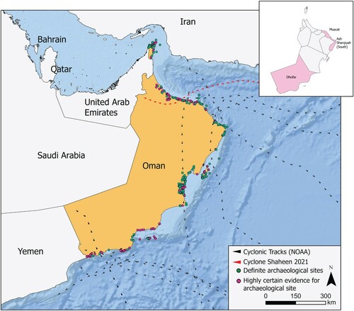 Figure 9. Map of maritime archaeological sites in Oman documented in the EAMENA database in conjunction with major cyclonic tracks over the past 130 years (National Oceanic and Atmospheric Administration).