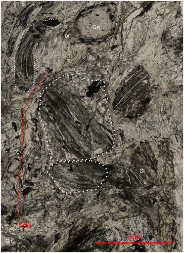 Figure 17. Photomicrograph of the sample 63738 showing evidence for pre-metamorphic deformation events. Note the foliation preserved with the relict clasts outlined in white and tight fold preserved within staurolite porphyroblasts. The position of SdW is shown in red. Internal foliation (Si) in staurolite outlines early fold. St, staurolite; Grt, garnet; Bi, biotite.