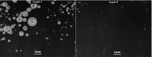 Figure 9. The status of the batch melting/fining tests after 110 min