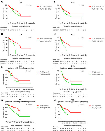 Figure 4 Kaplan–Meier cumulative overall survival and recurrence-free survival curves of patients stratified according to PLT (A–D), PALBI in patients with thrombocytopenia (E–F), and PALBI in patients excluding thrombocytopenia (G–H).